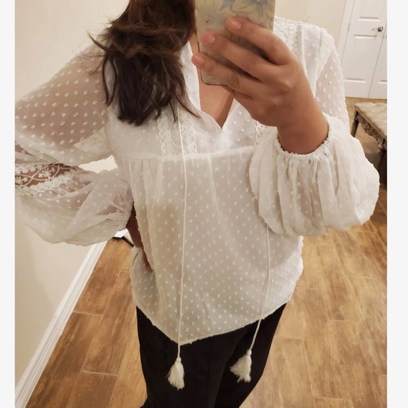 Boho White Swiss Dot Tassel Neck Tie Top - Picture 2 of 7